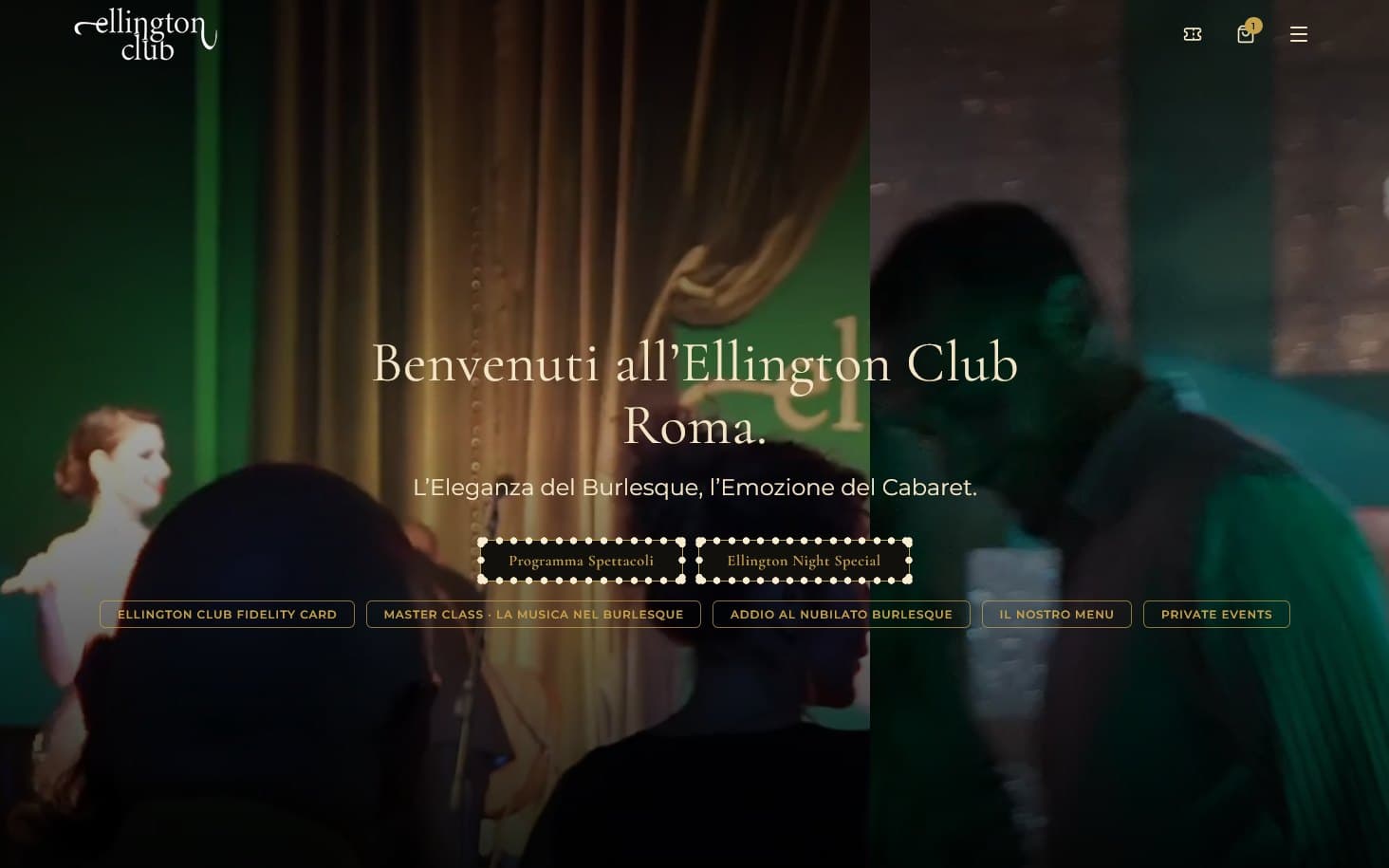 Home page del sito Ellington Club: il titolo «Benvenuti all'Ellington Club Roma» sulla foto del palco, con i pulsanti del programma e degli eventi.